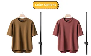 Detail view of cotton polo fabric t-shirts showing side split hem and drop shoulder design
