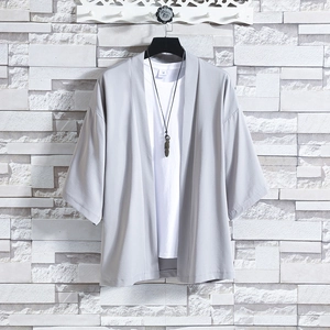 Men's grey Chinese style sun protection ice silk cardigan with kimono collar