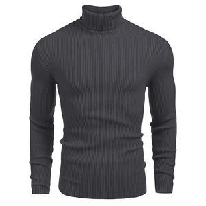 Close-up of dark grey high neck sweater featuring vertical rib-knit texture and elastic cuffs
