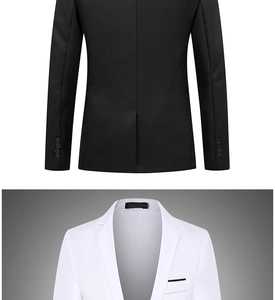 Detail view of men's slim fit blazer showing lapels, pocket piping, and cuff buttons
