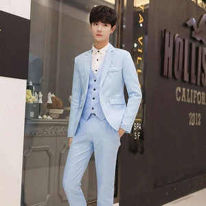 Slim fit three-piece suit for men in light blue including blazer, vest, and trousers