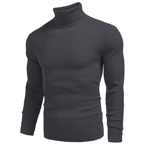 Detailed close-up of dark grey men's turtleneck sweater with vertical ribbed knit texture