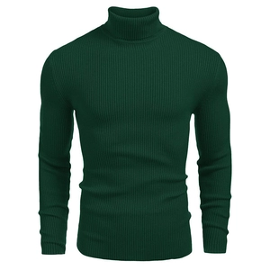 Close-up of dark green ribbed knit turtleneck sweater showing thick vertical texture