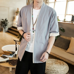 Men's Japanese style kimono cardigan in grey blue with five-quarter sleeves and knot buttons