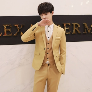 Slim fit three-piece suit for men in camel color including blazer, vest and trousers