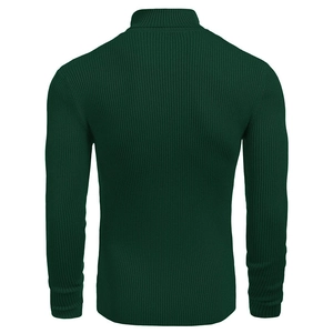 Rear view of deep green ribbed knit turtleneck sweater showing texture and fit