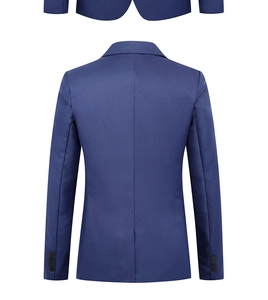 Rear view of slim fit navy blue blazer featuring a single back vent and sleeve buttons