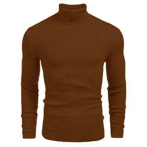 Macro shot of brown high neck sweater showing detailed vertical ribbed knit texture