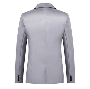 Rear view of slim fit grey business blazer showing back slit and smooth fabric texture