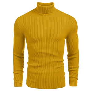 Close-up of mustard yellow turtleneck sweater featuring premium ribbed knit texture