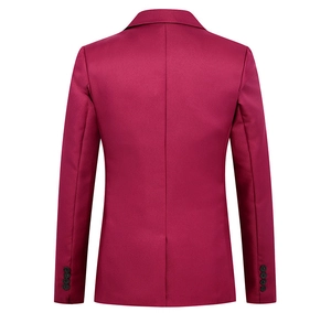 Detail of burgundy suit jacket back featuring shoulder pads and single center vent