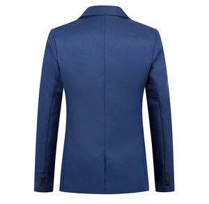 Rear view of slim fit navy blue men's blazer showing back vent and sleeve buttons