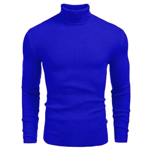 Detailed view of royal blue ribbed turtleneck sweater with slim fit knit texture