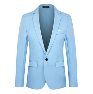 Detail of light blue slim fit blazer showing notched lapels and flap pocket design