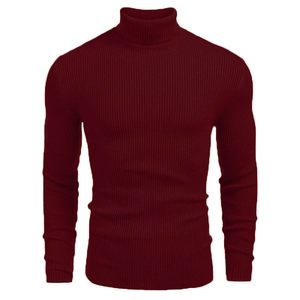 Detail of burgundy turtleneck sweater featuring vertical ribbed knit texture and folded collar