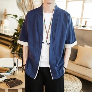 Men's navy cotton linen kimono cardigan with frog buttons and white trim contrast