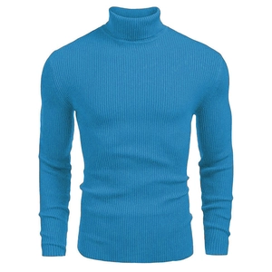 Men's blue slim fit turtleneck sweater with vertical ribbed texture and long sleeves