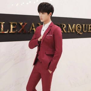 Slim fit burgundy three-piece suit set for men featuring jacket vest and trousers