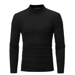 Slim fit men's black mock neck long sleeve t-shirt in fine knit thermal fabric