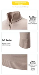 Detailansicht von Reißverschlusskragen, Rippbündchen und Saum des beigen Strickpullovers