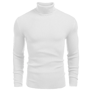 Men's white turtleneck sweater in ribbed knit fabric with a slim fit long sleeve style