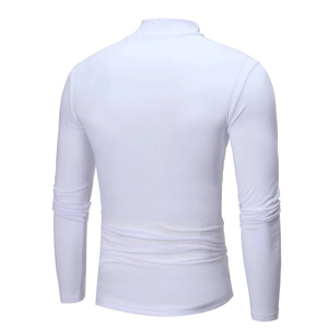 Rear view of white men's mock neck long sleeve shirt with slim fit stretch fabric