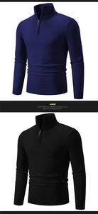 Detail eines Herren-Strickpullovers mit halbem Reißverschluss und gerippten Bündchen