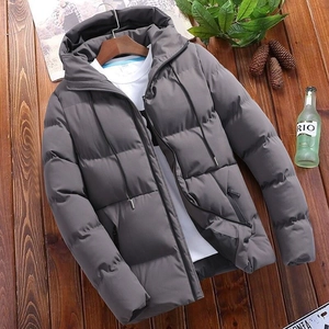 Men's dark grey hooded winter puffer jacket with windproof quilted design and side pockets