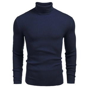 Men's slim fit turtleneck ribbed knit sweater in navy blue with long sleeves