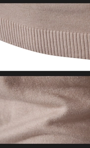 Nahaufnahme eines kamelfarbenen Strickpullovers mit Rippstrick und glatter Jersey-Struktur