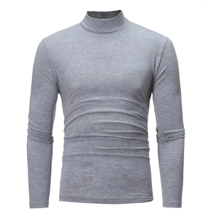 Detail of grey men's mock neck long sleeve shirt in high-stretch knitted fabric