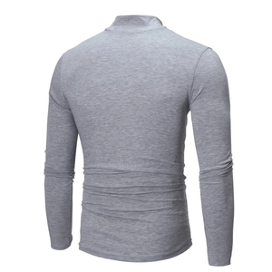 Rear view of a men's slim fit long sleeve turtleneck t-shirt in grey marl knit fabric
