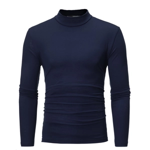 Detailed close-up of dark blue men's slim fit turtleneck long sleeve thermal shirt