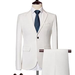 Slim fit three-piece men's suit in off-white with striped tie and formal trousers