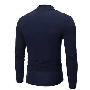 Detailed back view of a slim fit navy blue long sleeve knit sweater with a turtleneck