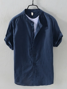 Men's navy blue linen shirt with stand collar and single-breasted design for summer wear