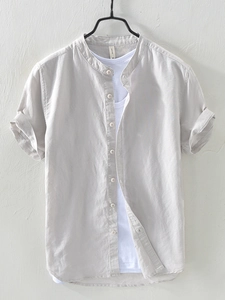 Men's light grey cotton linen short sleeve shirt with stand collar and button-up design