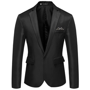 Detail of slim fit black blazer featuring notch lapels and floral pocket square