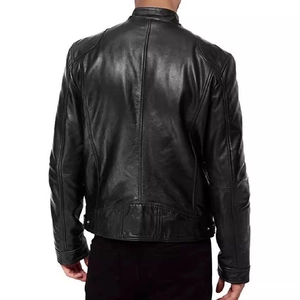 Giacca da motociclista da uomo in pelle PU nera con collo alto e cuciture sul retro