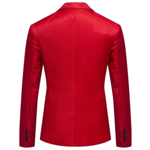 Rear view of slim fit red men's blazer featuring center back seam and buttoned cuffs