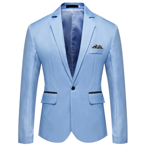 Close-up of slim fit sky blue blazer featuring black piped pockets and a pocket square