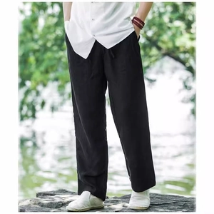 Men's breathable black cotton linen wide leg trousers with drawstring waist and straight cut