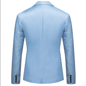 Rear view of slim fit light blue blazer showing back stitching and cuff button details