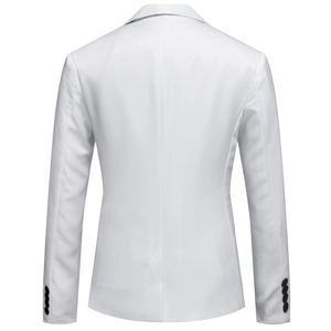 Rear view of a slim fit white blazer for men featuring stylish black buttons on the cuffs
