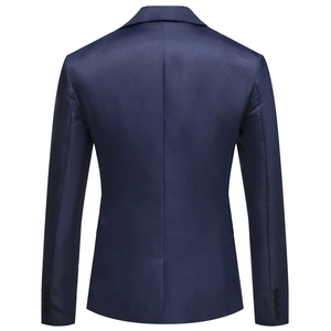 Detail of slim fit men's navy blue blazer back view with single vent and satin finish