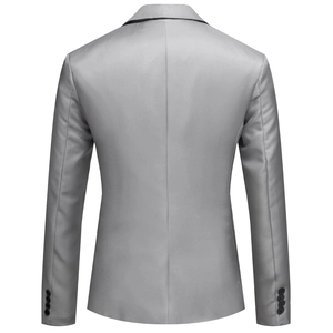 Detail view of light grey slim fit blazer showing back seam and four-button cuffs