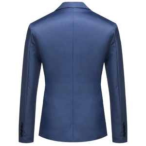 Back view of slim fit dark blue men's blazer with four decorative sleeve buttons