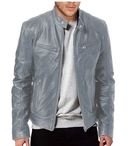 Giacca da moto grigia slim fit da uomo con colletto alla coreana e zip metalliche decorative