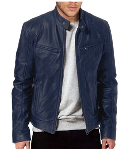 Giacca da uomo slim in pelle PU blu scuro con colletto alla coreana e tasche a zip