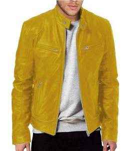 Giacca da uomo slim in pelle con colletto alla coreana giallo brillante e zip